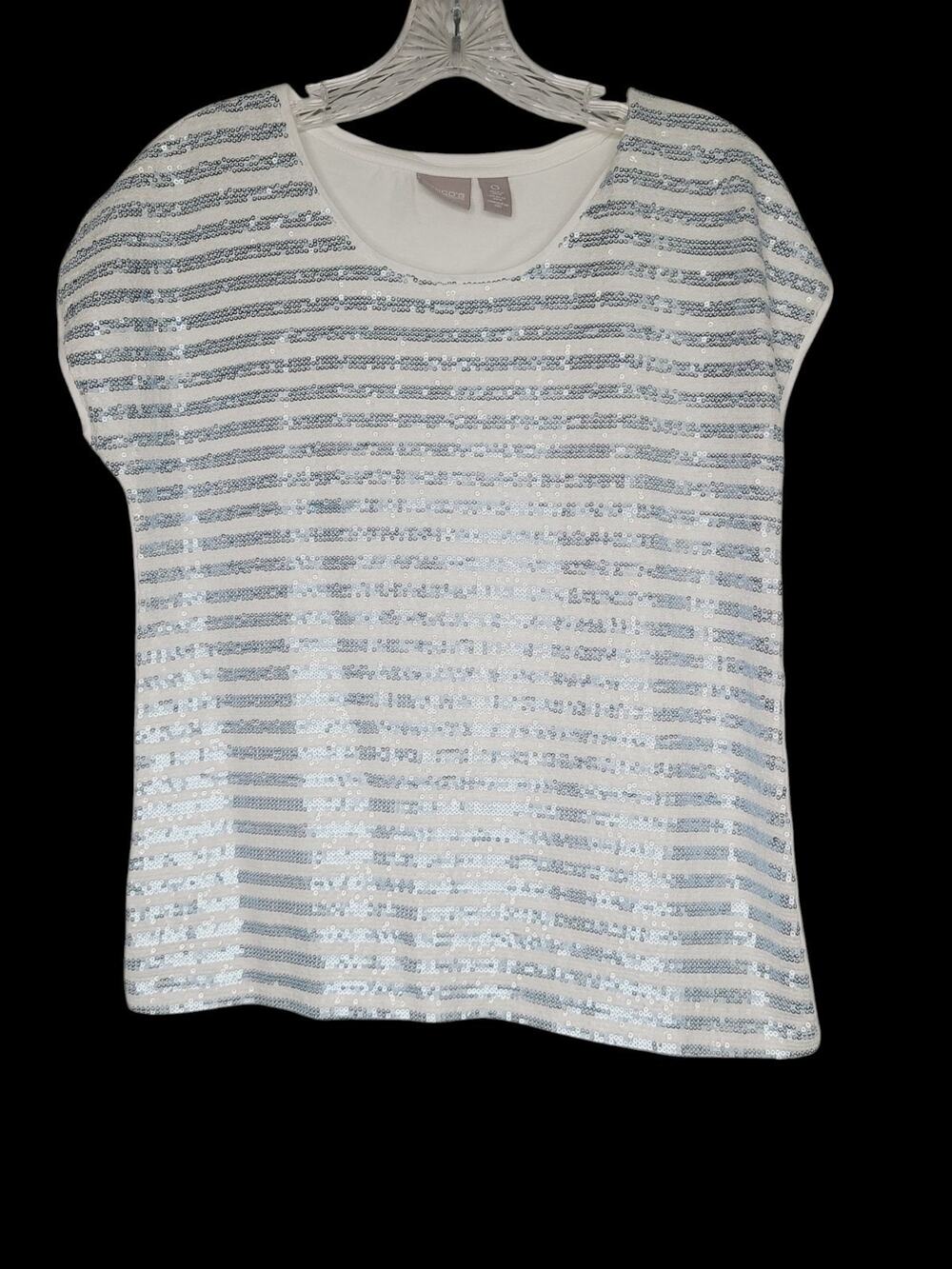 Chicos White Blue Stripe Sequin Sparkle Top T Shirt Womens Size 0 Small